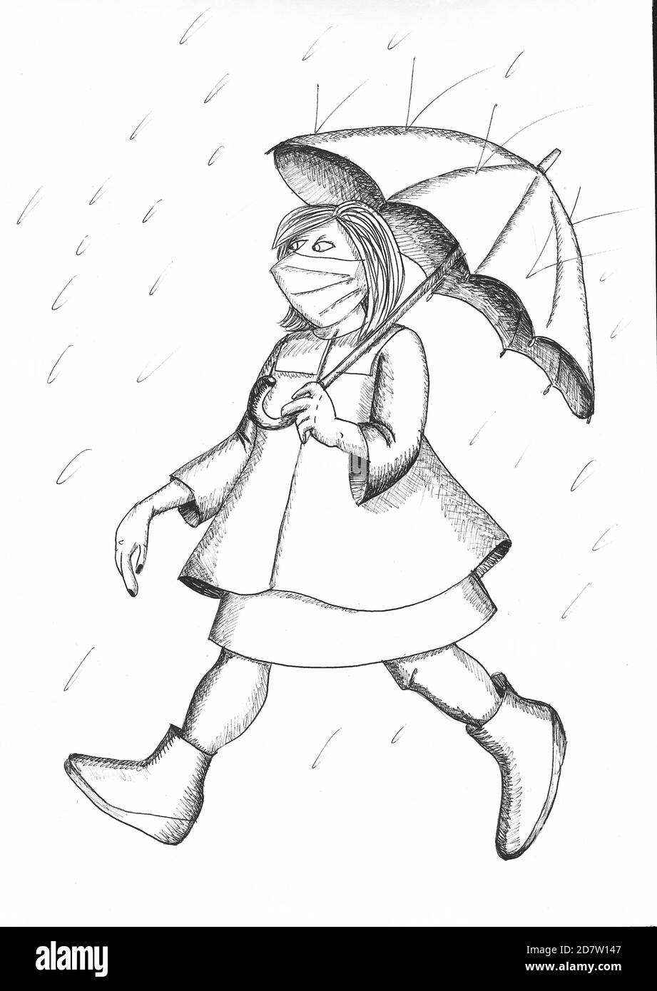 Woman wearing raincoat, umbrella and galoshes. Illustration. Stock Photo