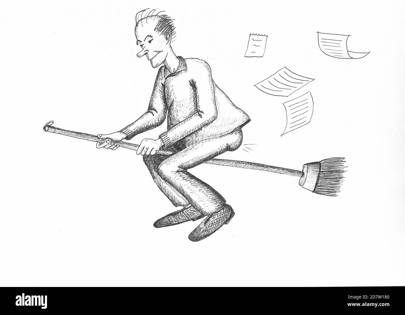 Wizard riding a broom. Illustration. Stock Photo