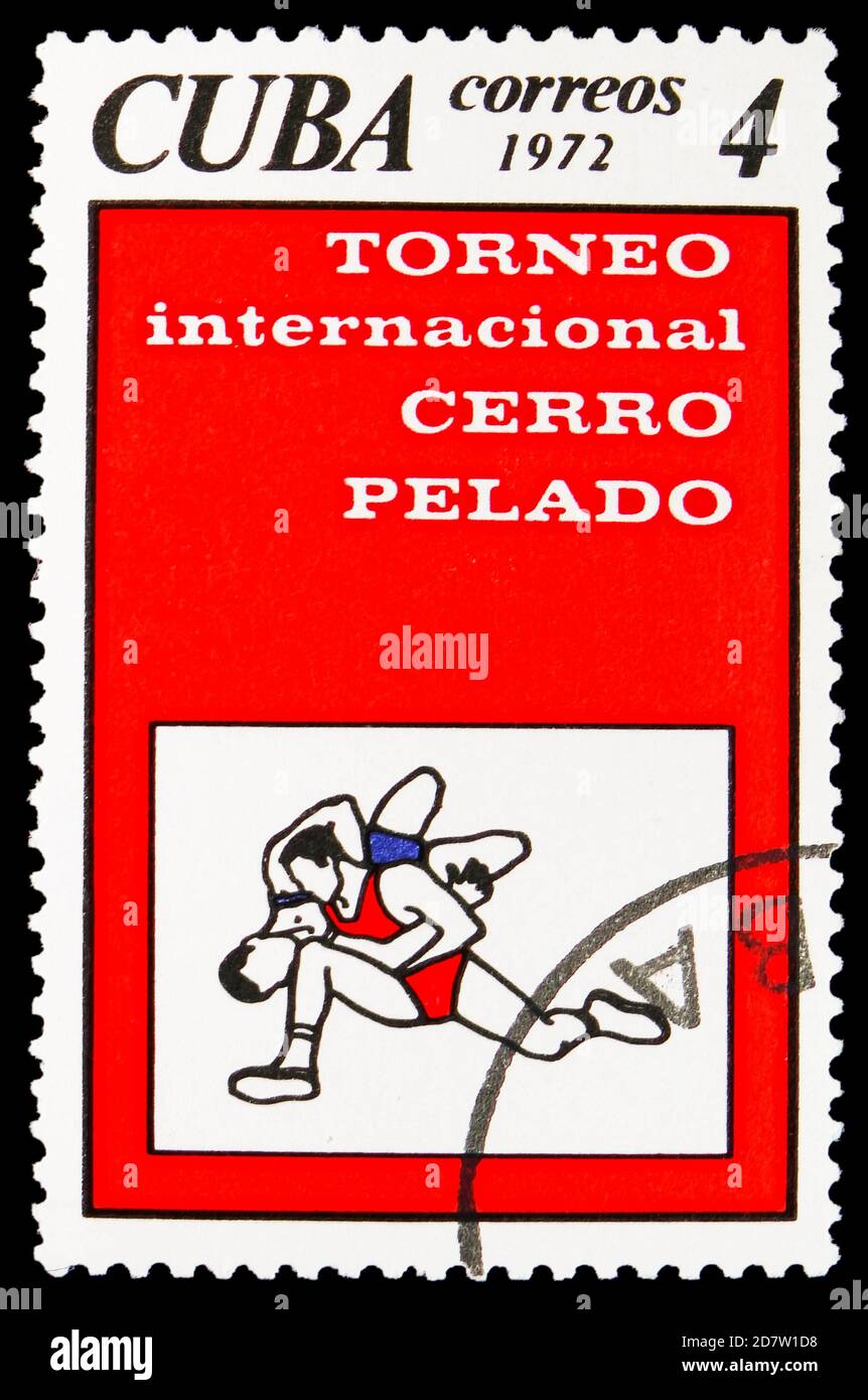 MOSCOW, RUSSIA - OCTOBER 9, 2020: Postage stamp printed in Cuba shows Cerro Pelado International Wrestling Championships, Sporting events of the year Stock Photo
