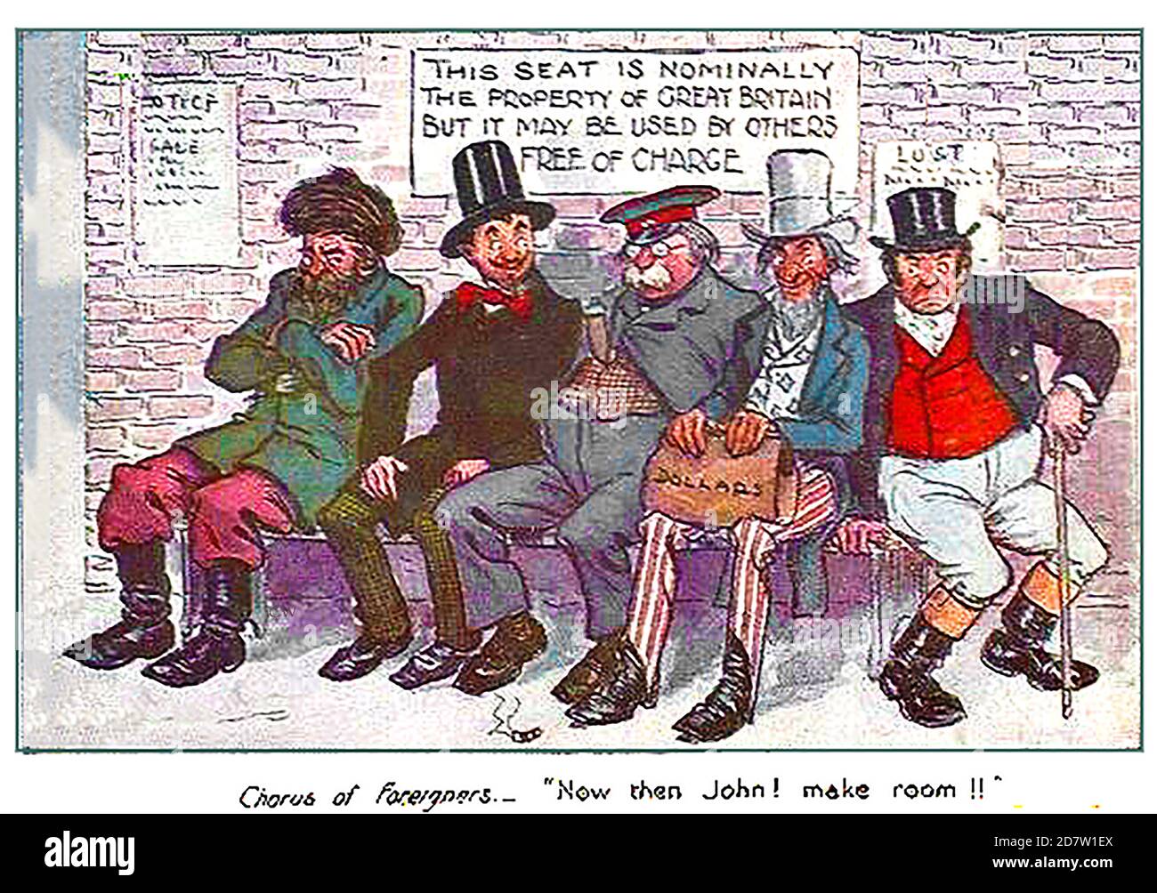 An English political comic postcard from 1913, initially commenting on the FREE TRADE agreement, but realtive to modern times BREXIT and new international trade negotiations . Represented from left to right are Russia,France,Germany, America, and John Bull (England). Stock Photo