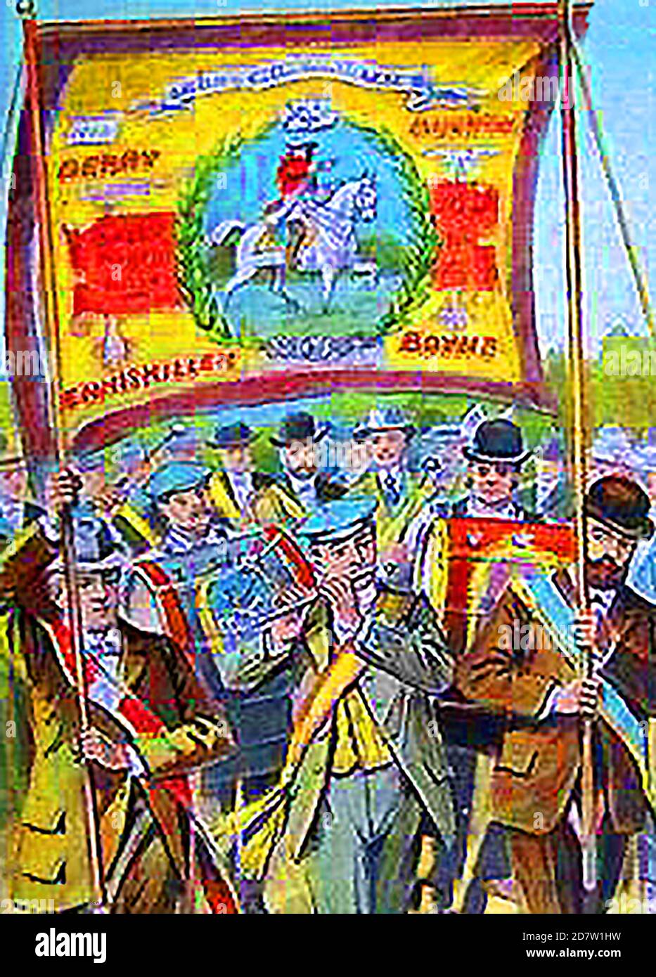 “Glorious Revolution” of 1688 - A 1912 postcard showing an Irish protestant march.  Dressed in bowler hats and orange sashes, thousands of people, mostly men, parade through villages, towns and cities across the region led by flute and drum players.  The Orange Order has been constant in Northern Ireland for 200 years often causing controversy  and sometimes violence. William of Orange, the Protestant Dutchman colloquially known as King Billy,claimed and succeeded to the thrones of Catholic King James II (England, Ireland & Scotland 1689-1702) Stock Photo