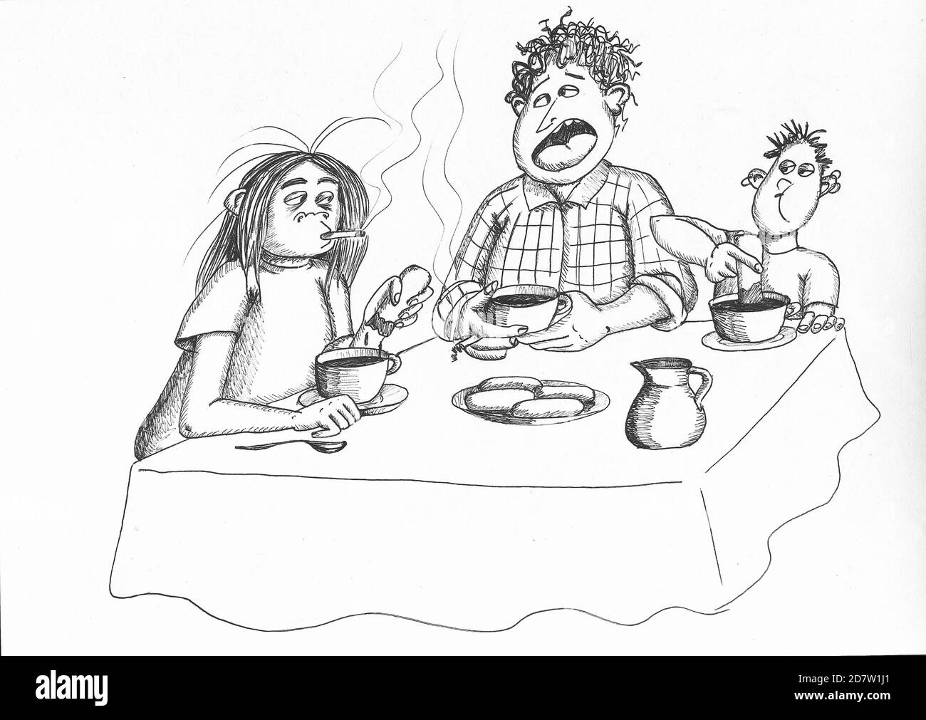 Depraved family having breakfast and smoking. Illustration. Stock Photo