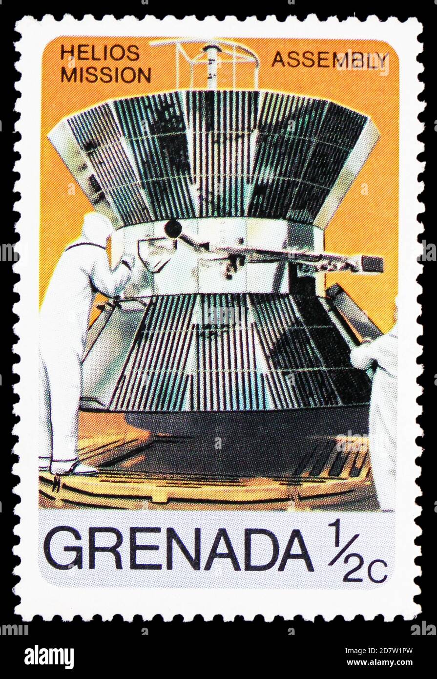 MOSCOW, RUSSIA - OCTOBER 9, 2020: Postage stamp printed in Grenada shows Helios Assembly, Viking and Helios Space Missions serie, circa 1976 Stock Photo