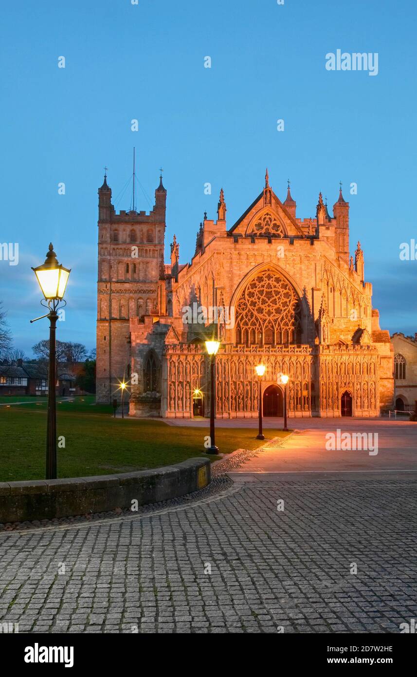 Exeter Cathedral at dusk, Exeter, Devon, England Stock Photo