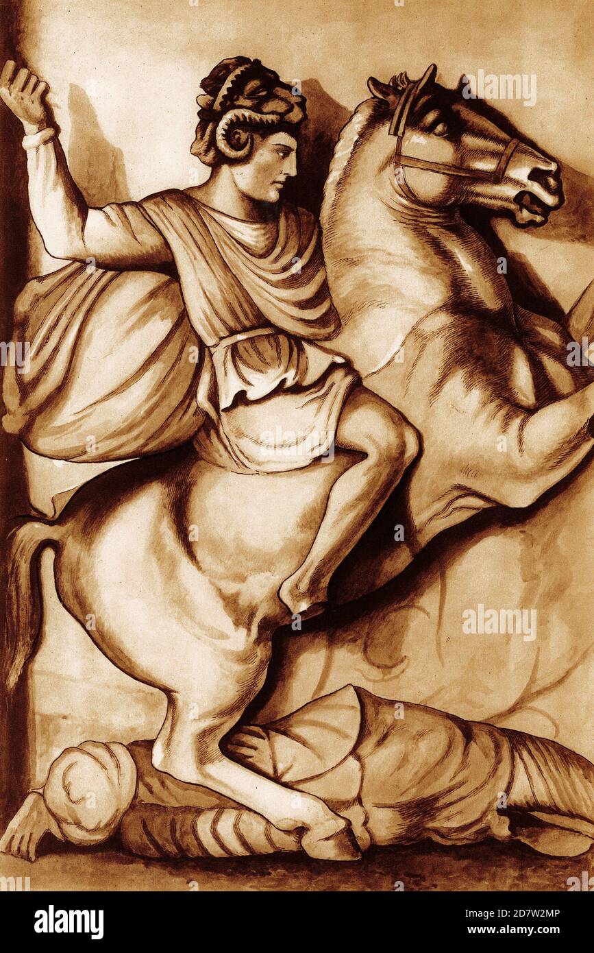 Halftone of Alexander the Great on his horse Bucephalus. From a set of school posters for history and social studies c 1930 Stock Photo