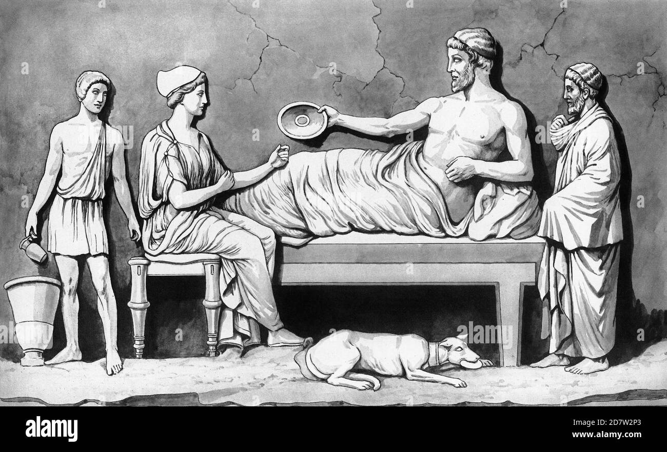 Halftone of a bas relief carving showing a traditional meal served in the home of an ancient Grecian family Stock Photo