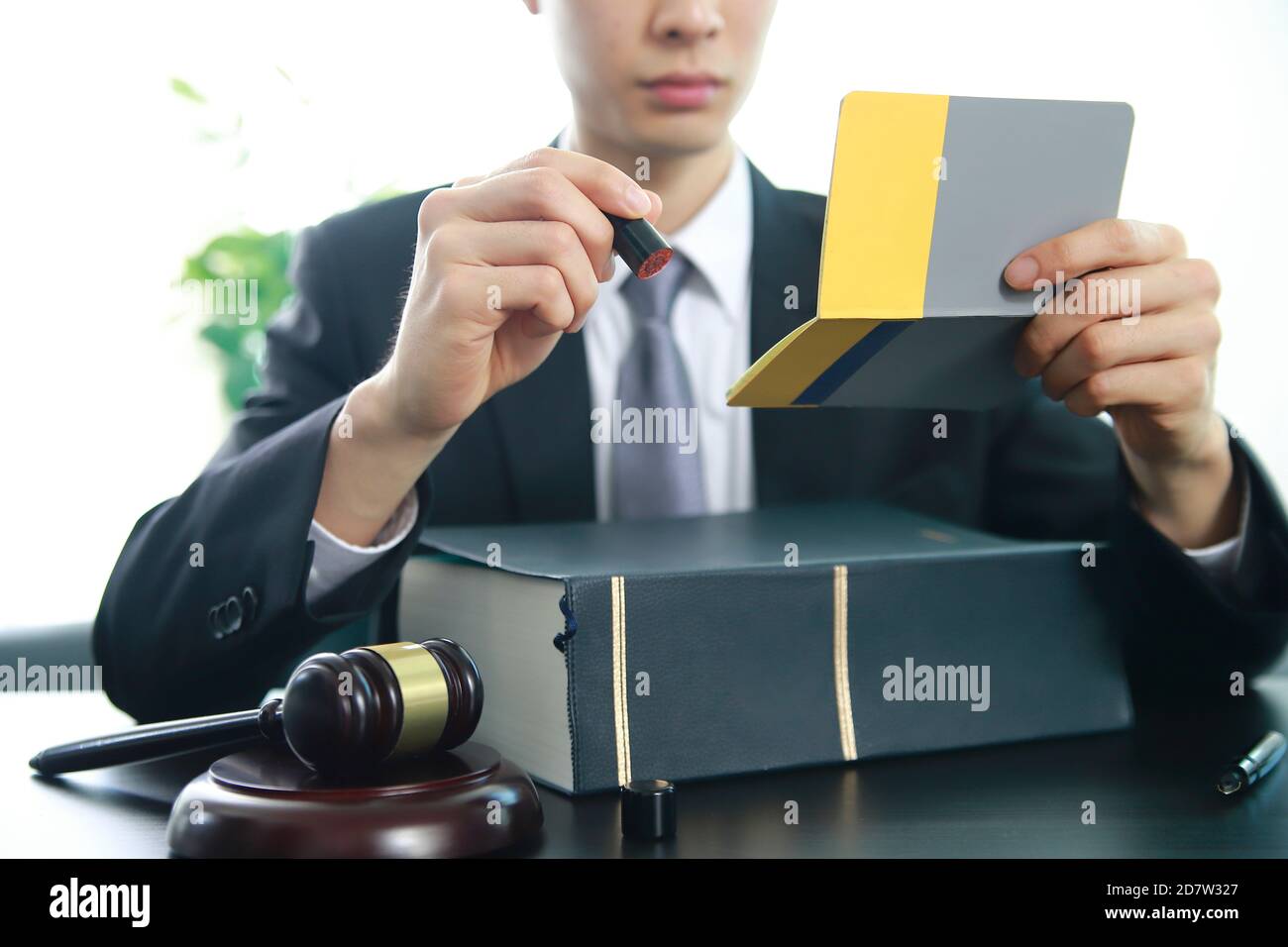 Lawyer holding stamp with law book Stock Photo Alamy