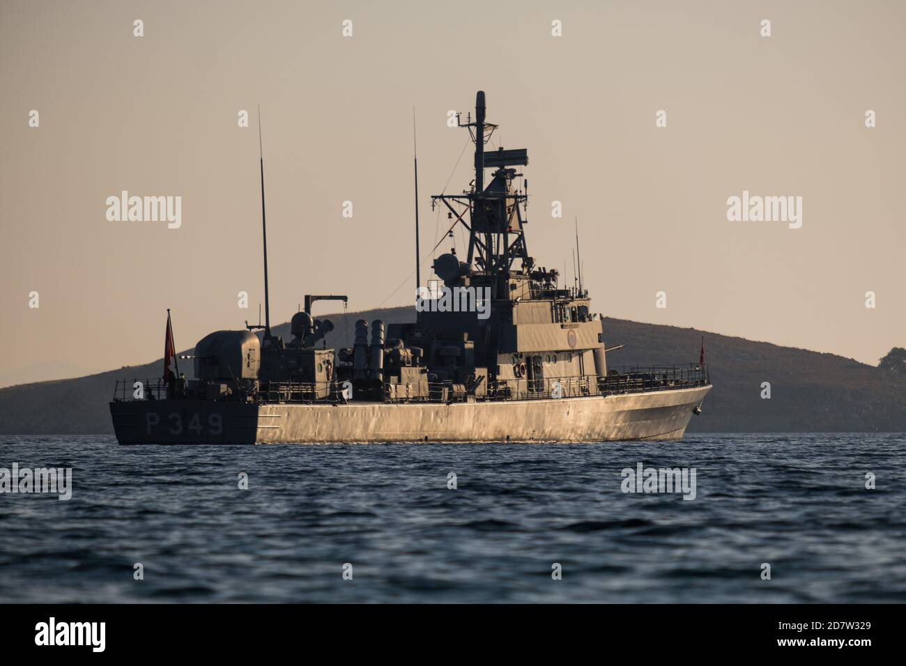 Due to the tension between Greece and Turkey, a military attack boat  P-349 has been placed on Palamutbuku beach, Datca, Mugla, Turkey. Stock Photo