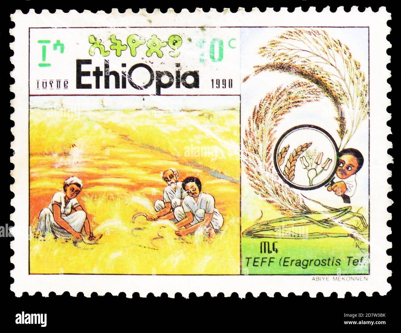 MOSCOW, RUSSIA - OCTOBER 9, 2020: Postage stamp printed in Ethiopia shows Harvest, Cultivation of cereal Tef (Eragrostis tef) serie, circa 1990 Stock Photo
