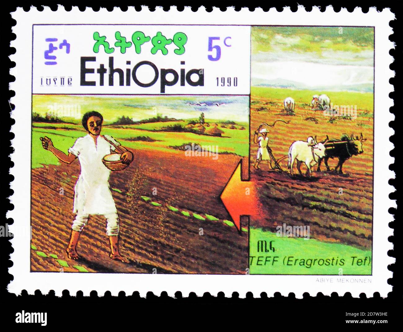 MOSCOW, RUSSIA - OCTOBER 9, 2020: Postage stamp printed in Ethiopia shows Sowing, Cultivation of cereal Tef (Eragrostis tef) serie, circa 1990 Stock Photo