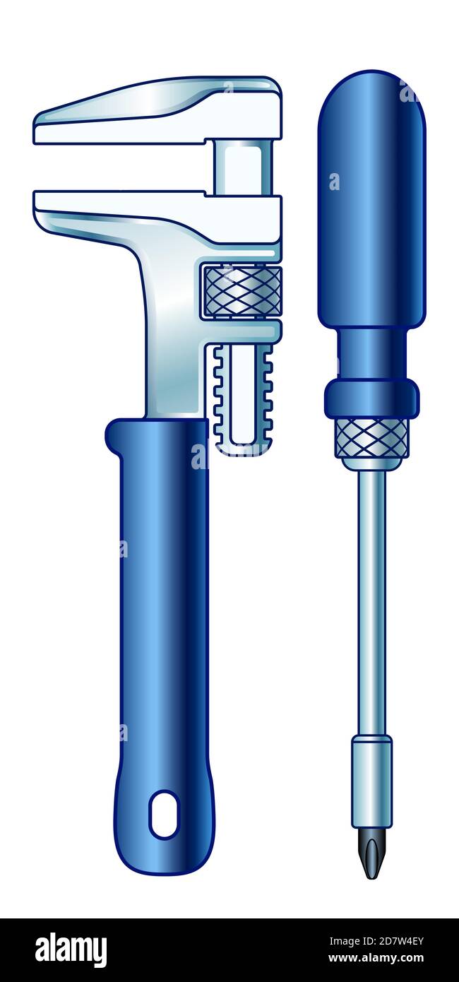 Illustration of the universal screwdriver and adjustable wrench tools Stock Vector