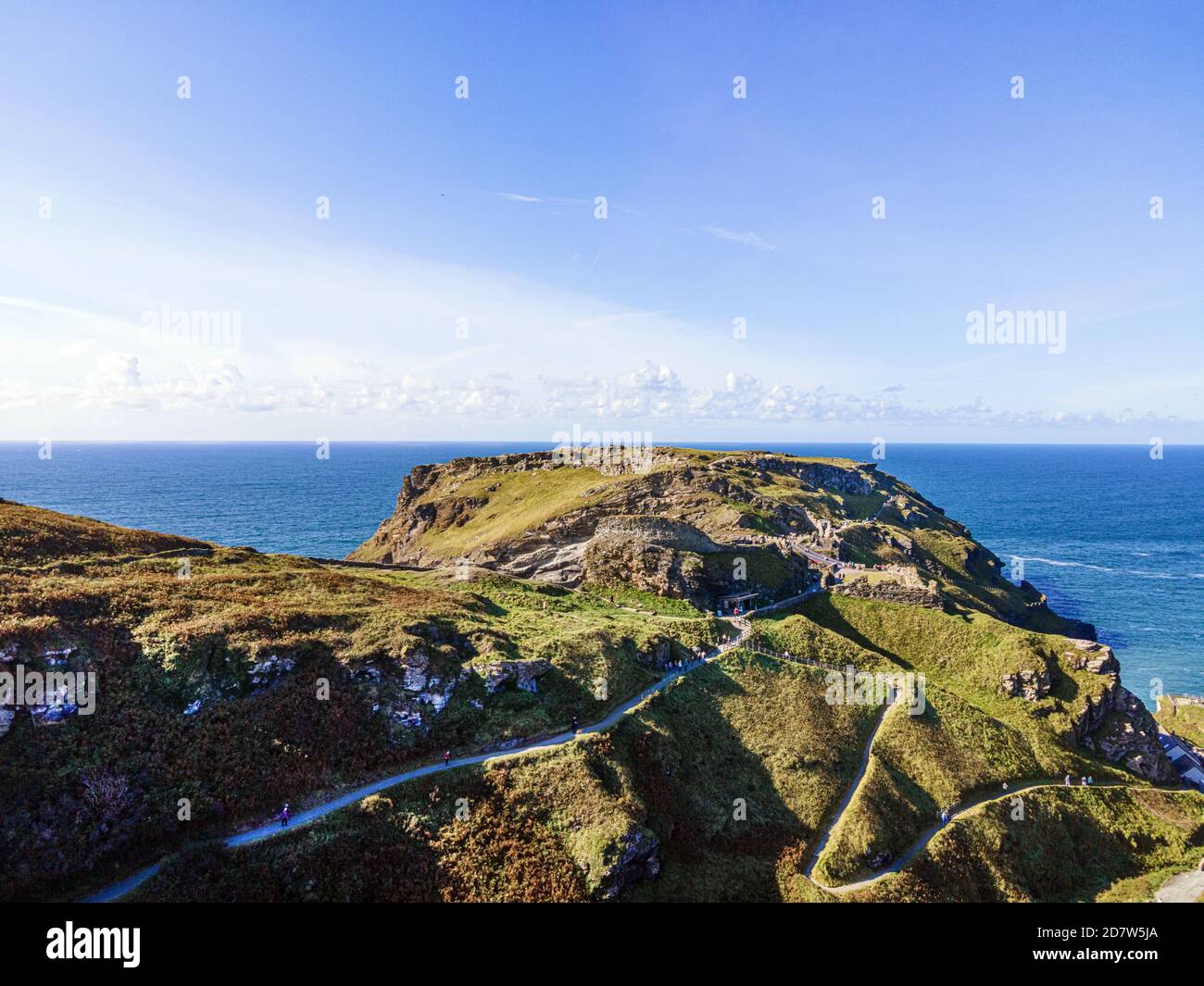 View towards the ruins of Tintagel Castle in Tintagel, Cornwall, UK Stock Photo