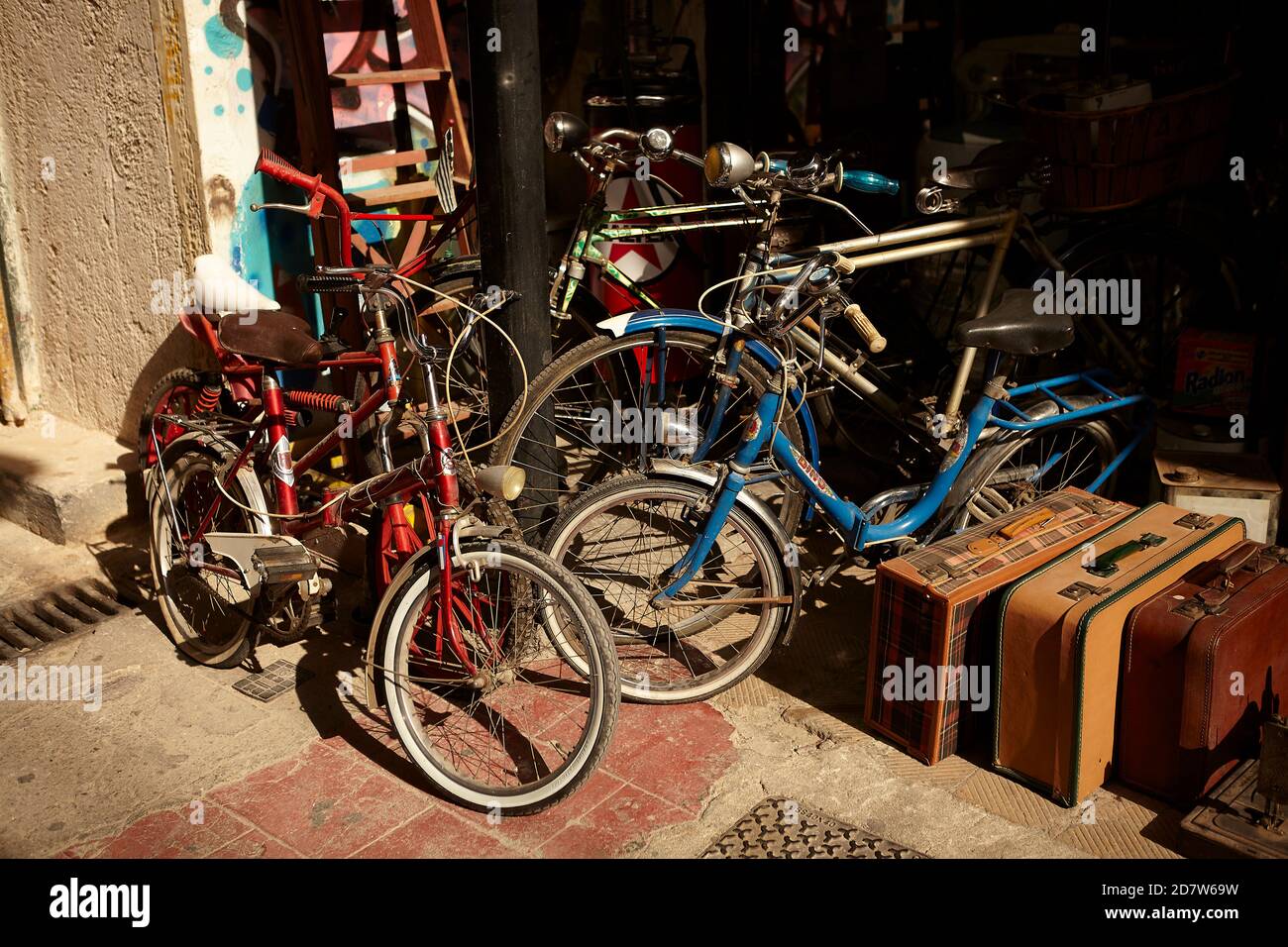 Antique vintage shop in monastiraki flea market Athens Greece , selling bicycle Stock Photo