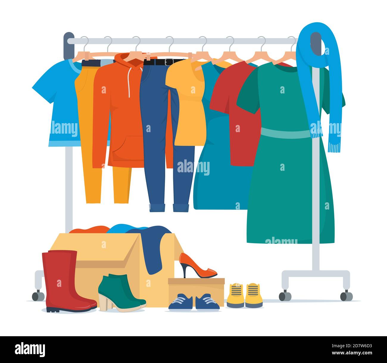 Clothes for donation. Various clothes on a hanger and in boxes, shoes