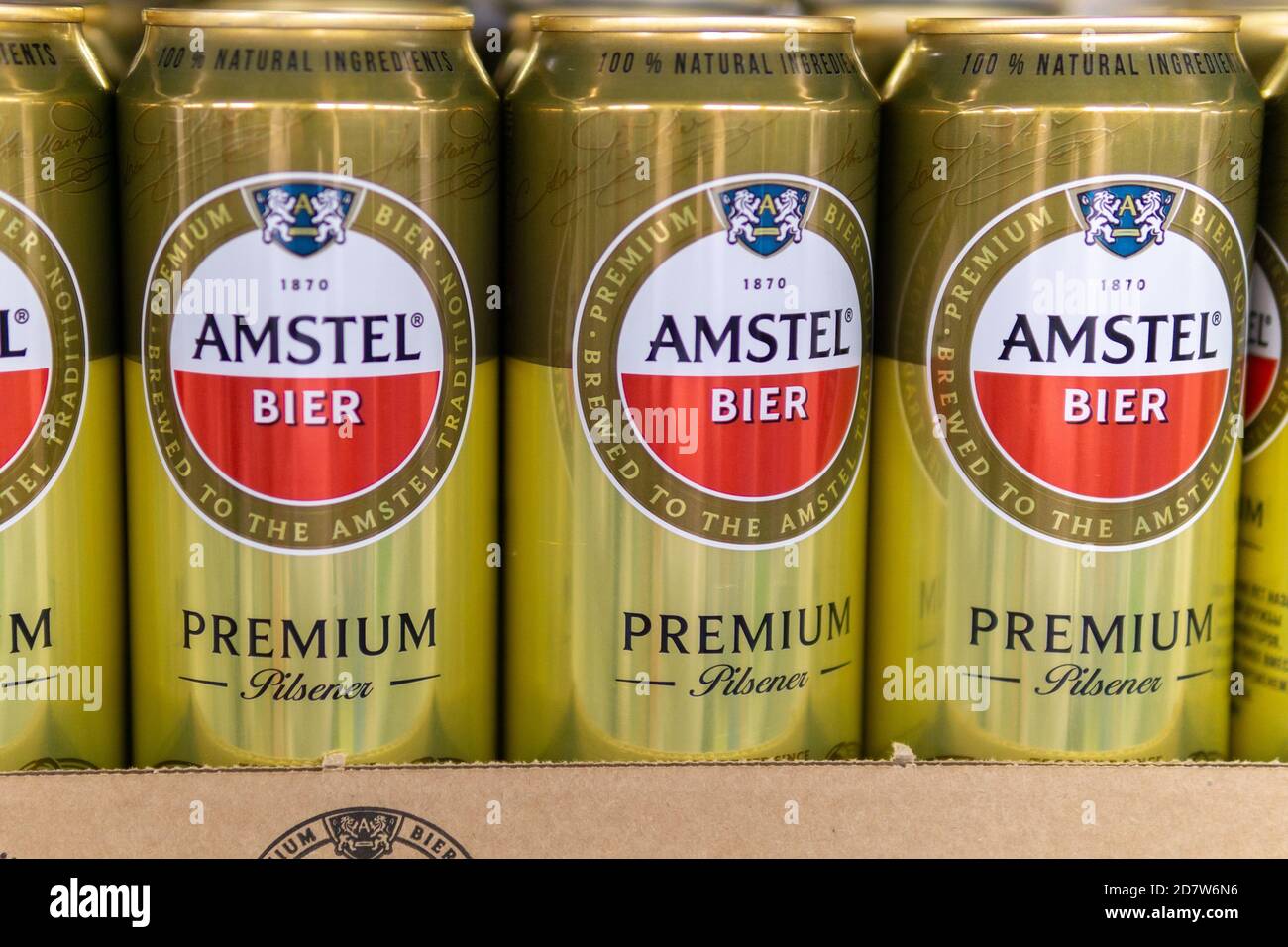 Tyumen, Russia-October 11, 2020: Amstel beer can. Founded on June 11, 1870 in Amsterdam, named after the Amstel river Stock Photo