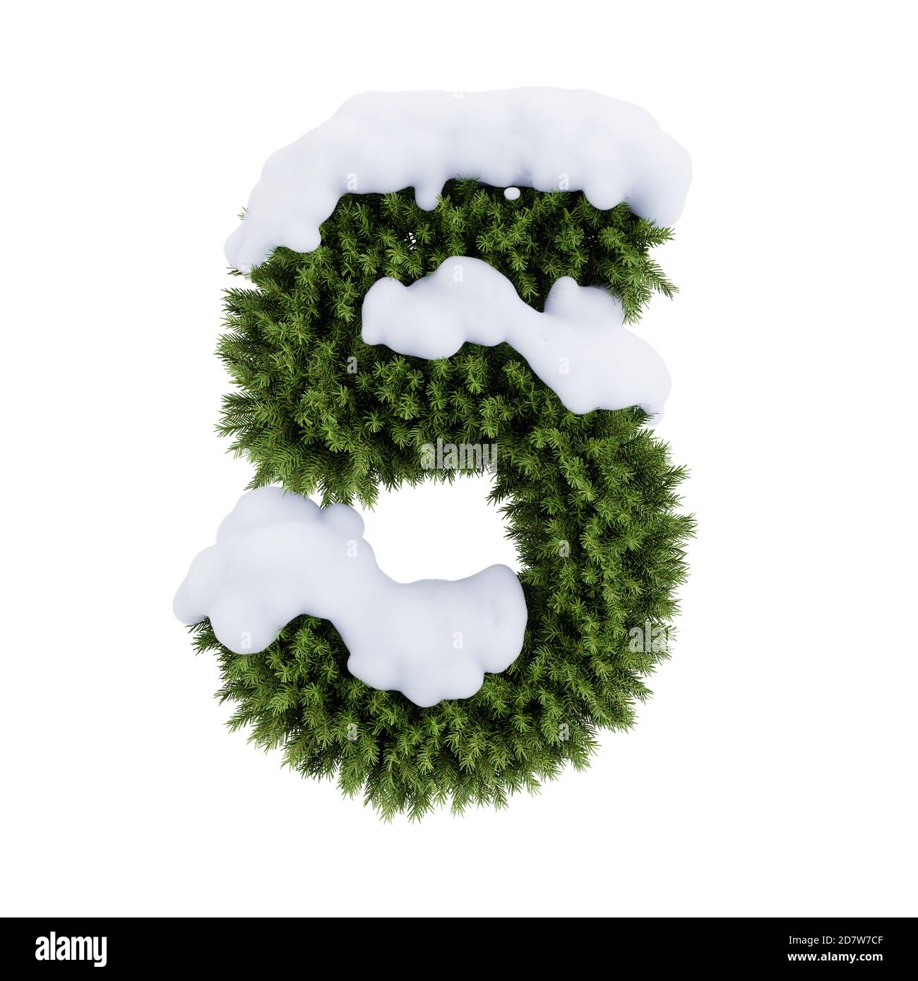 Christmas alphabet ABC digit number 5 five font with sbow. Christmas tree branches digits decoration type. Highly realistic 3d rendering illustration. Stock Photo