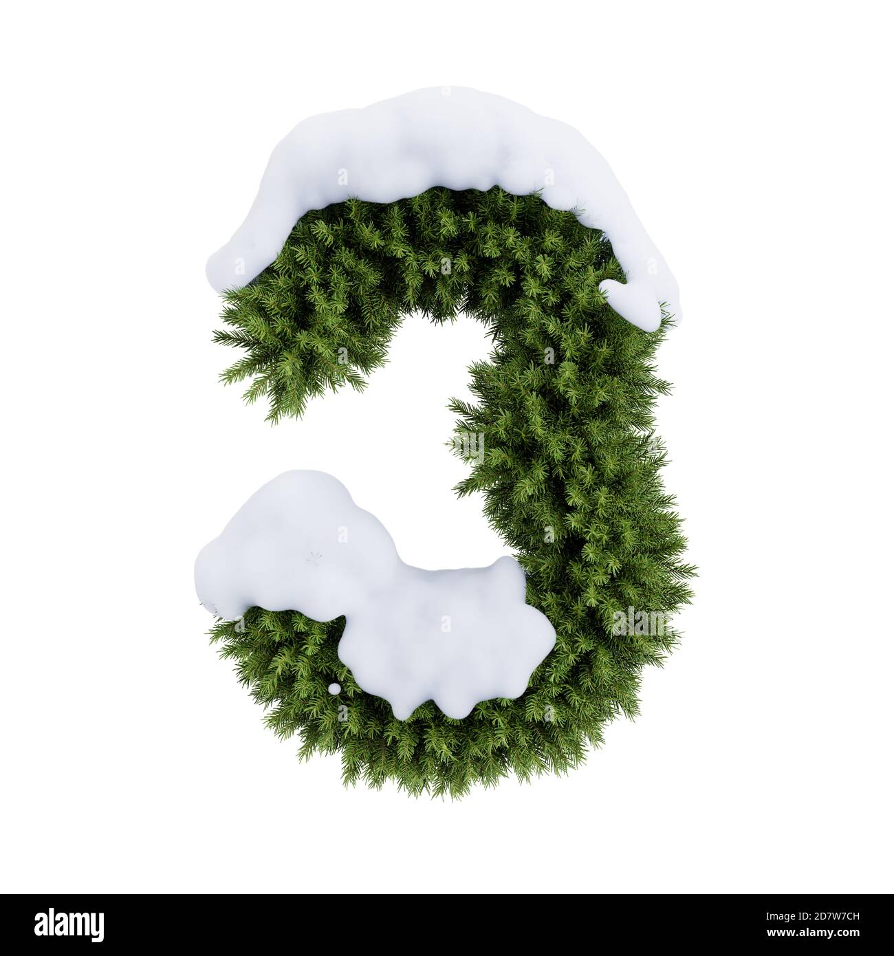 Christmas alphabet ABC digit number 3 three font with snow. Christmas tree branches digits decoration type. Highly realistic 3d rendering illustration Stock Photo
