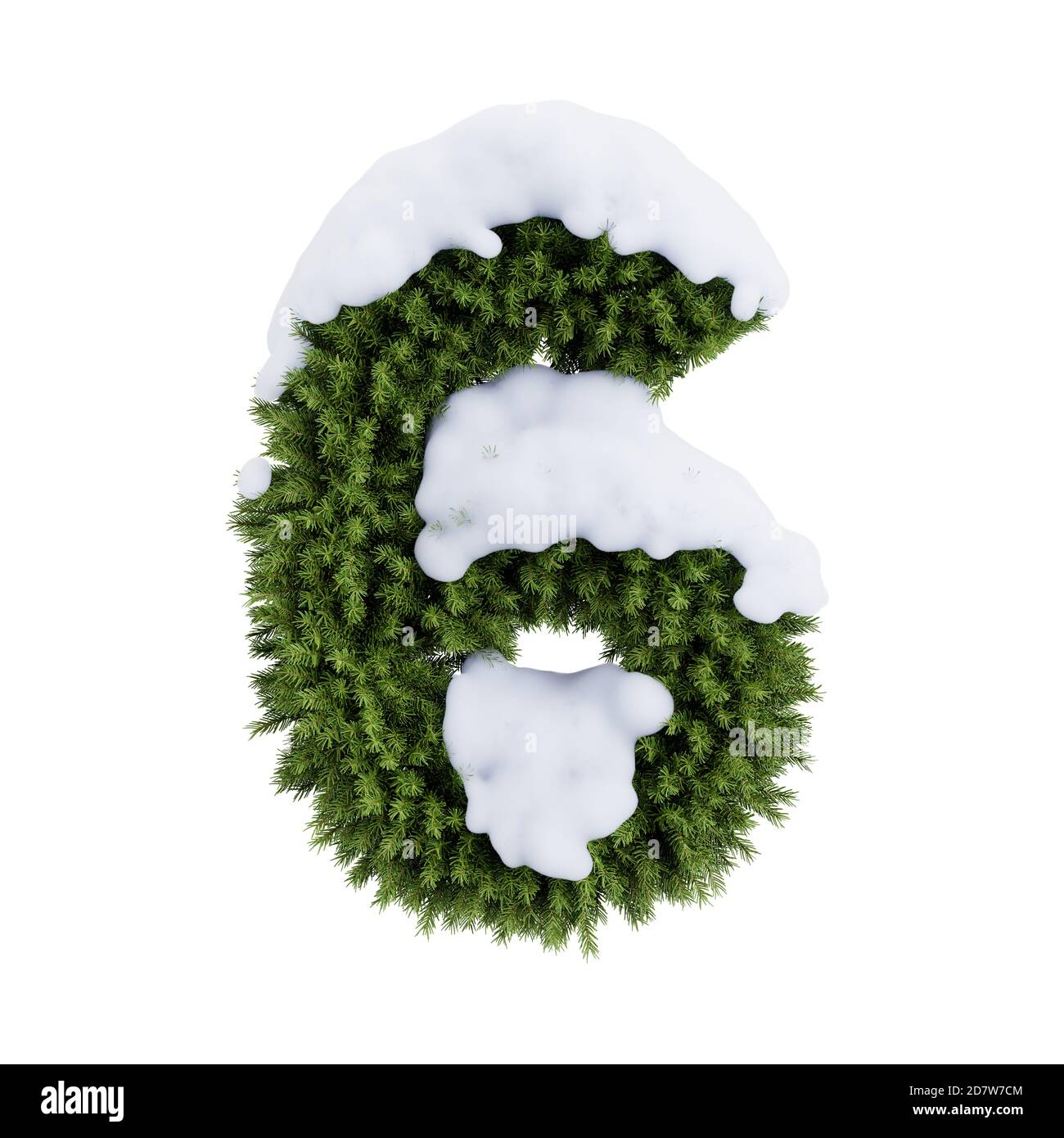 Christmas alphabet ABC digit number 6 six font with snow. Christmas tree branches digits decoration type. Highly realistic 3d rendering illustration. Stock Photo