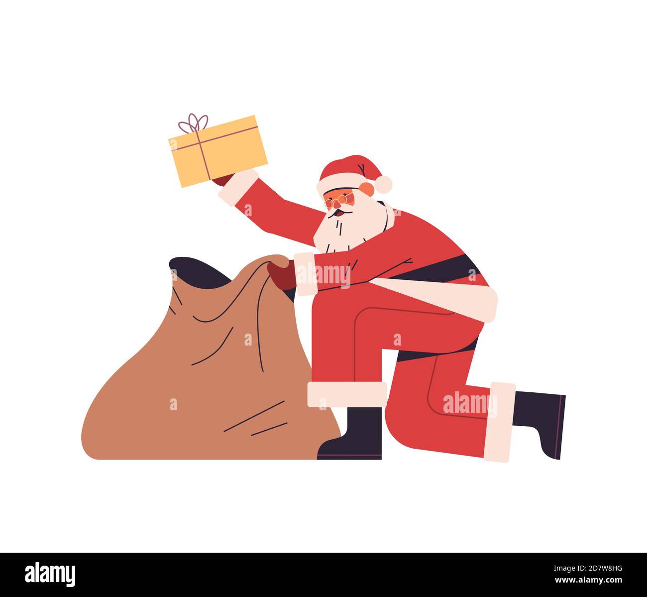 santa claus packing presents gift boxes in sack bag happy new year merry christmas holidays celebration concept full length vector illustration Stock Vector