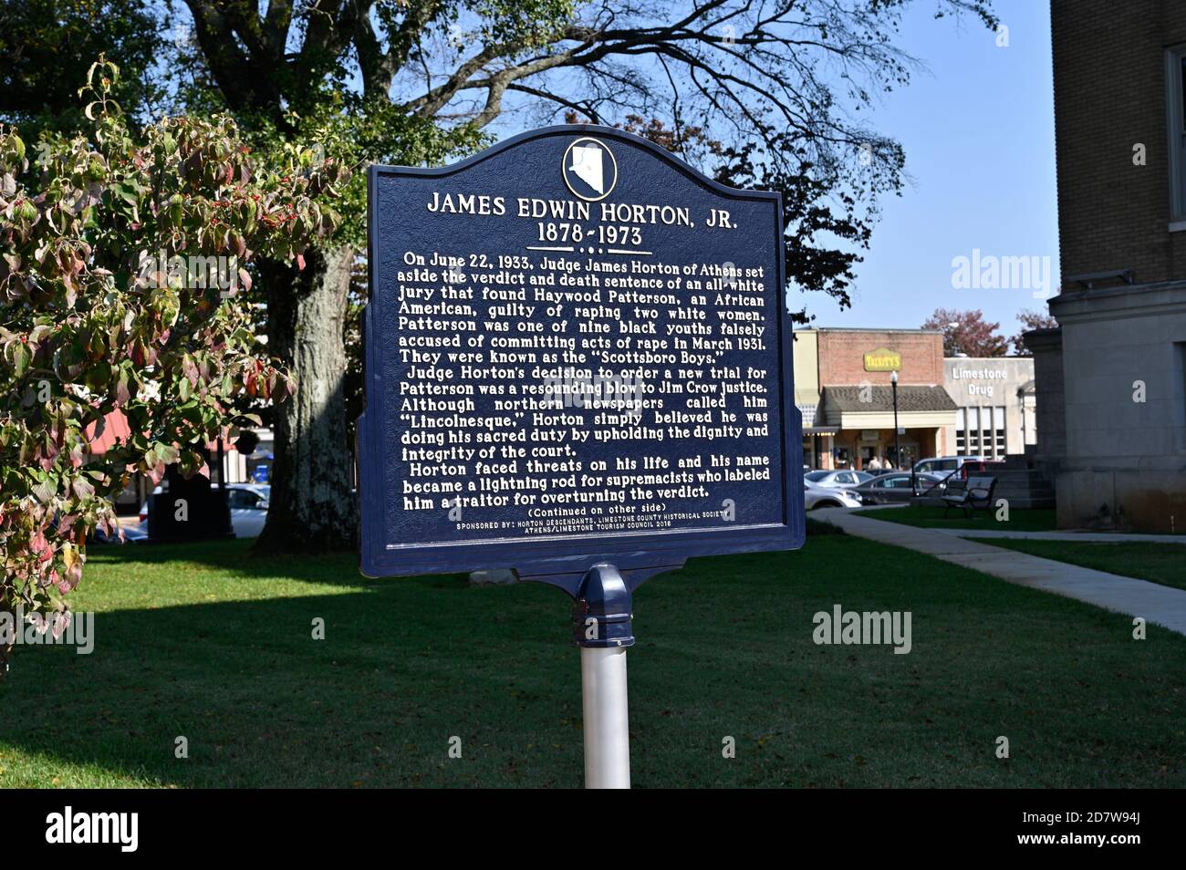 Memorial to Judge James Horton Jr, a small town judge central to civil rights and anti-Jim Crow laws made famous in Athens Alabama, USA. Stock Photo