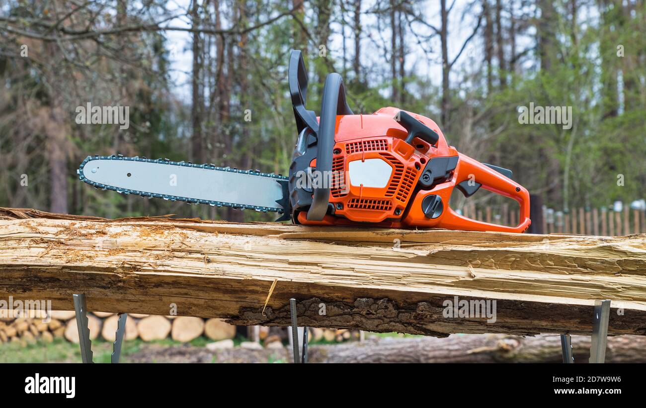 Orange hand gasoline chainsaw on wooden log in metal sawhorse. Professional power saw. Black handle and sharp teeth in a rotational chain on guide bar. Stock Photo
