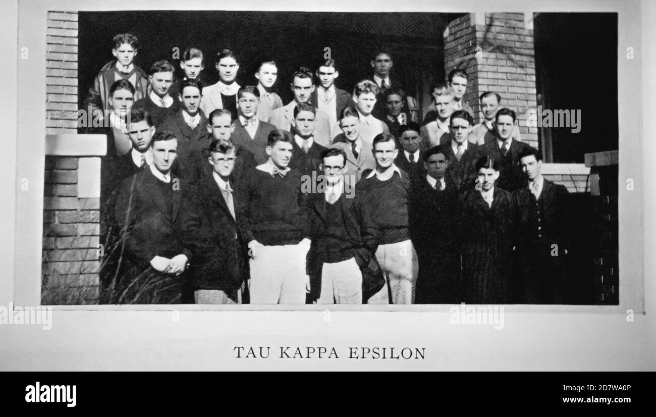 A young Ronald Reagan (front row, third from left) poses with fellow members of his men's fraternity, Tau Kappa Epsilon (TKE), for a picture in the 1932 yearbook of Eureka College, a small liberal arts college founded in 1855 in Eureka, Illinois, USA.  In 1928 at the age of 17, Reagan left his boyhood hometown of Dixon, Illinois, to enroll in the four-year school. He earned a bachelor of arts degree with a joint major in sociology and economics. As a senior, Reagan served as president of the student body, then went on to become the 40th President of the United States of America (1981-89). Stock Photo