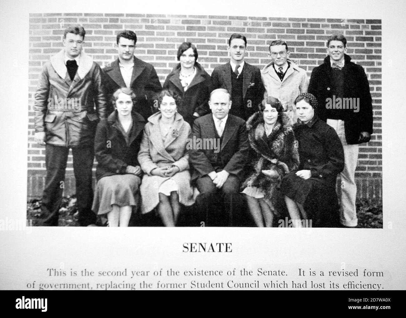 A young Ronald Reagan (rear row, far right) poses with fellow members of the student senate for a picture in the 1932 yearbook of Eureka College, a small liberal arts college founded in 1855 in Eureka, Illinois, USA. In 1928 at the age of 17, Reagan left his boyhood hometown of Dixon, Illinois, to enroll in the four-year school. He earned a bachelor of arts degree with a joint major in sociology and economics. As a senior, Reagan served as president of the student body, then went on to become a Hollywood movie star, the Governor of California, and eventually the 40th U.S. President (1981-89). Stock Photo