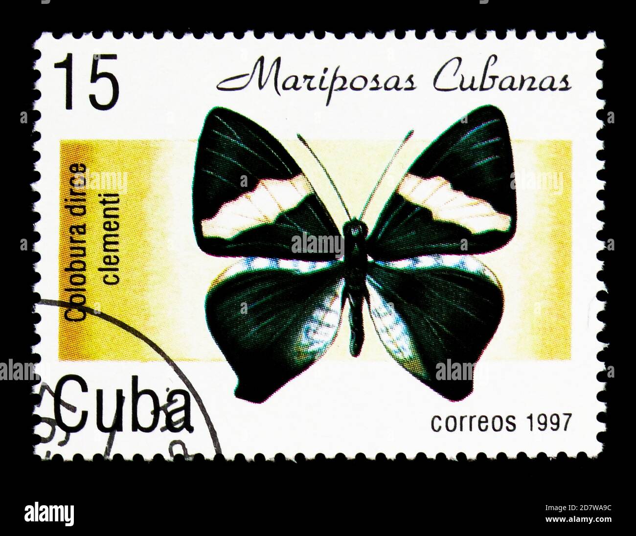 MOSCOW, RUSSIA - MARCH 28, 2018: A stamp printed in Cuba shows Dirce Beauty (Colobura dirce ssp. clementi), Butterflies serie, circa 1997 Stock Photo