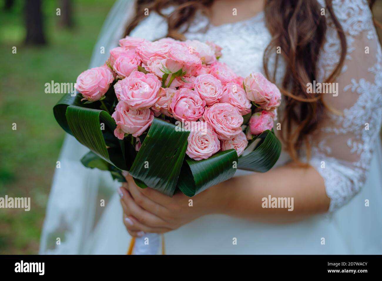 Wedding bouquet with pink roses in bride hand Stock Photo - Alamy