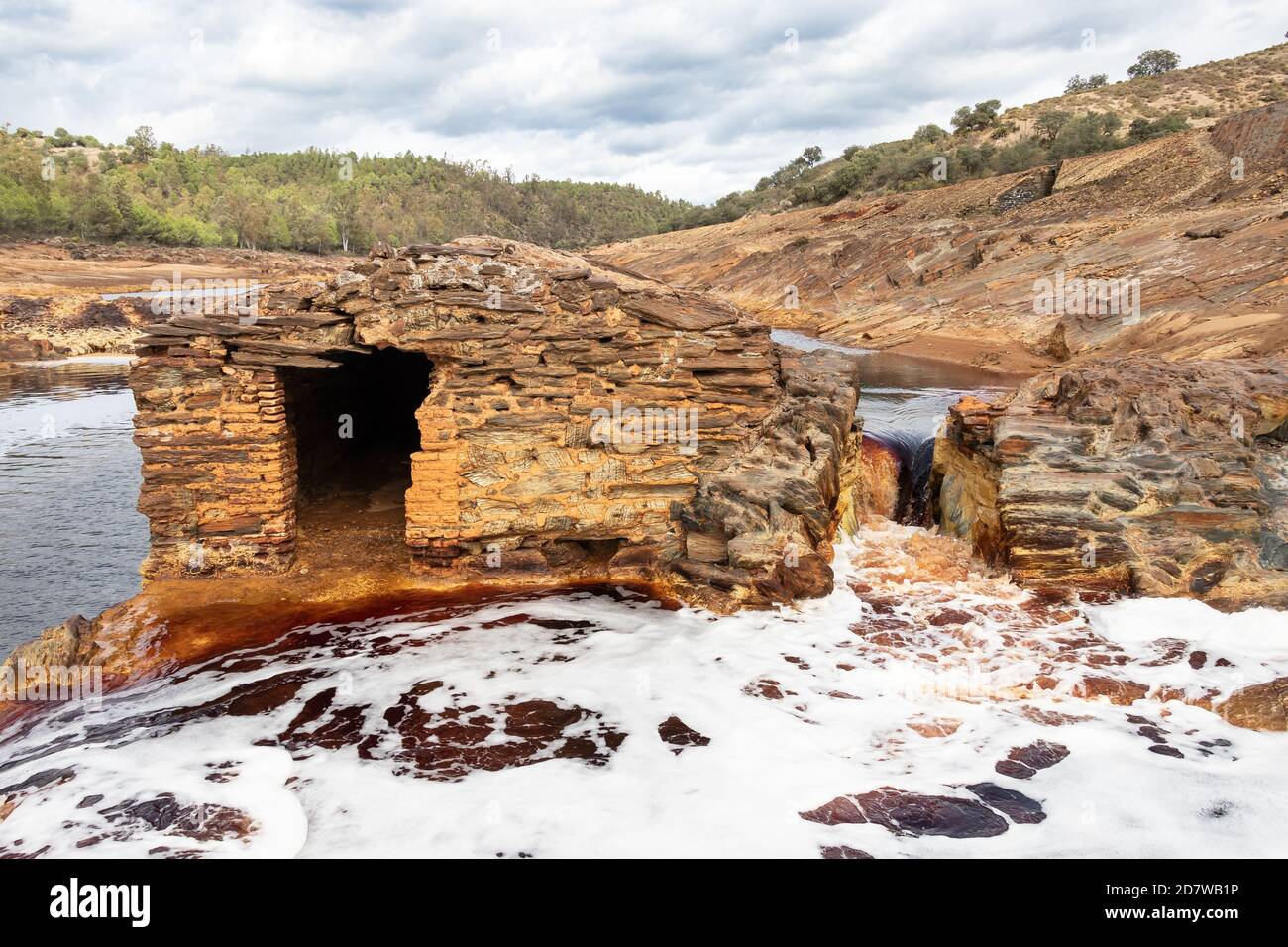 Old watermill in the Rio Tinto river in Huelva, Andalusia, Spain Stock Photo