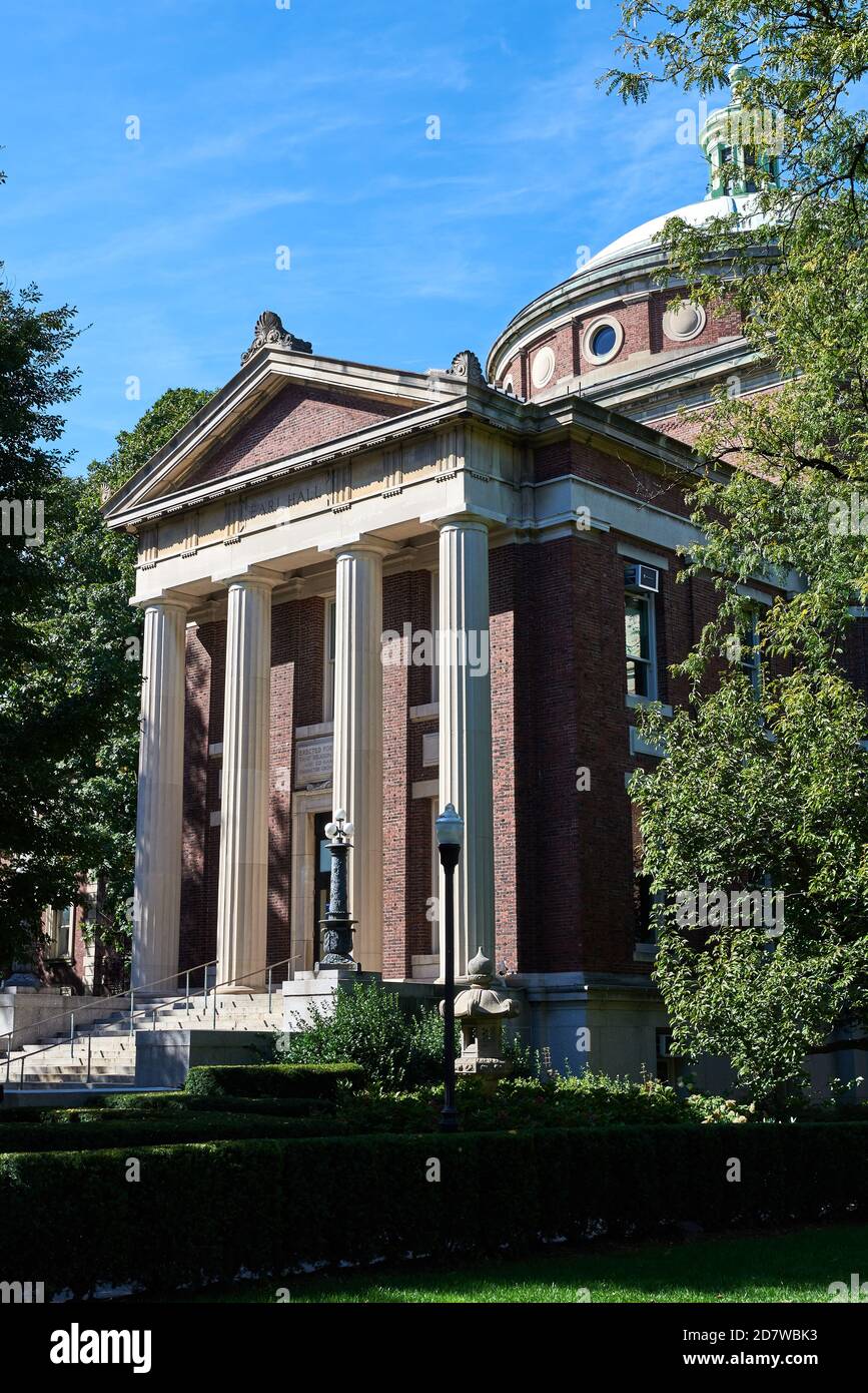 Columbia University's Earl Hall (1902) is built in the style of a greek temple with a pediment and doric columns. Stock Photo