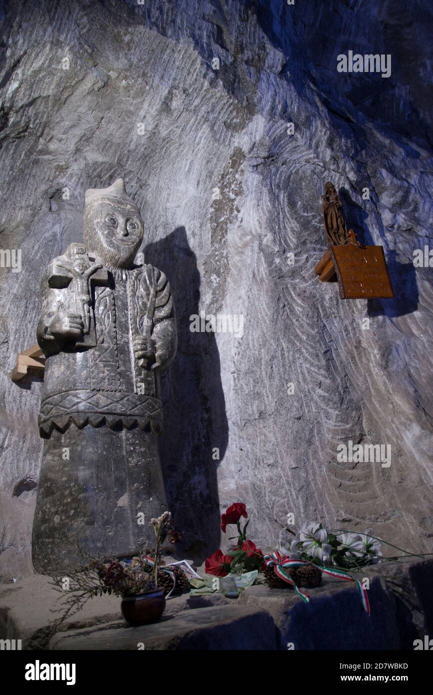 Salt statue. Underground ecumenical chapel in the cave of a former saltmine, recommended for the protection of St. John of Nepomuk. Stock Photo