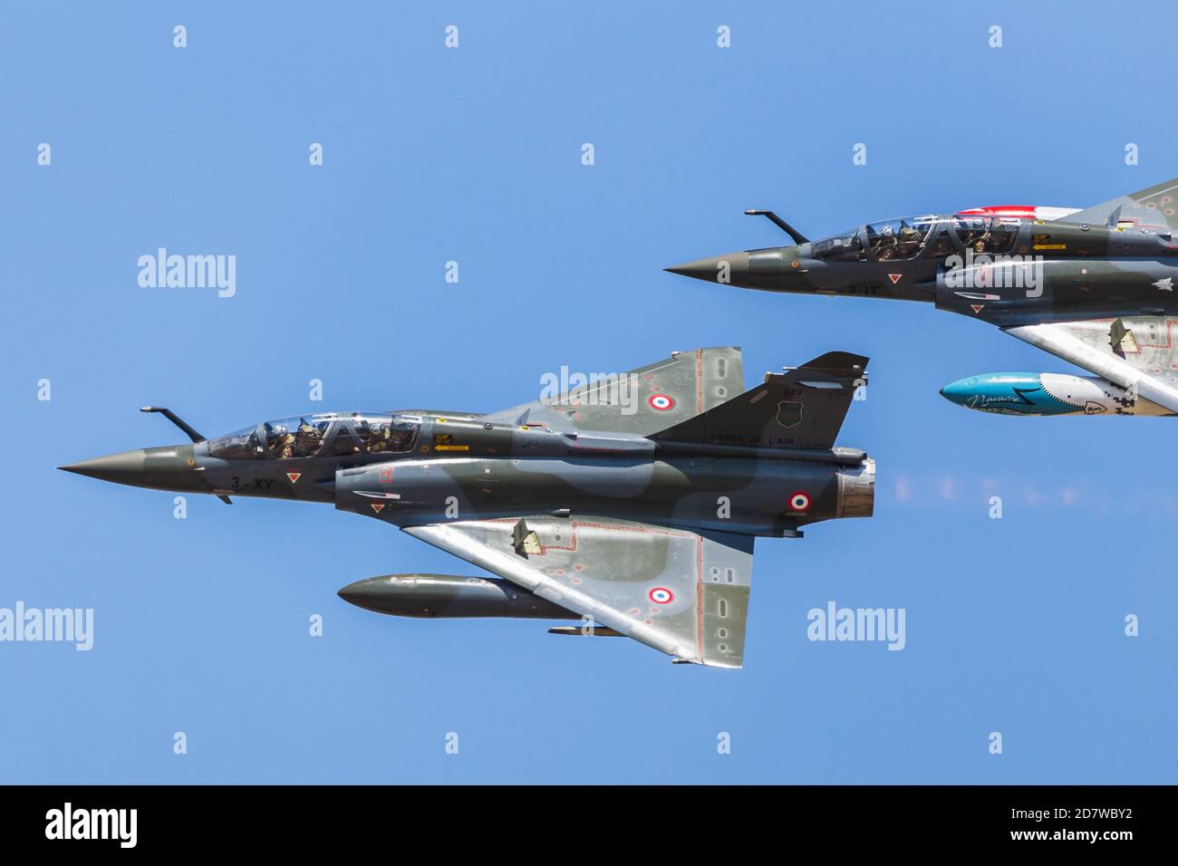 French Mirage 2000D pair flying in tight formation at RAF Fairford