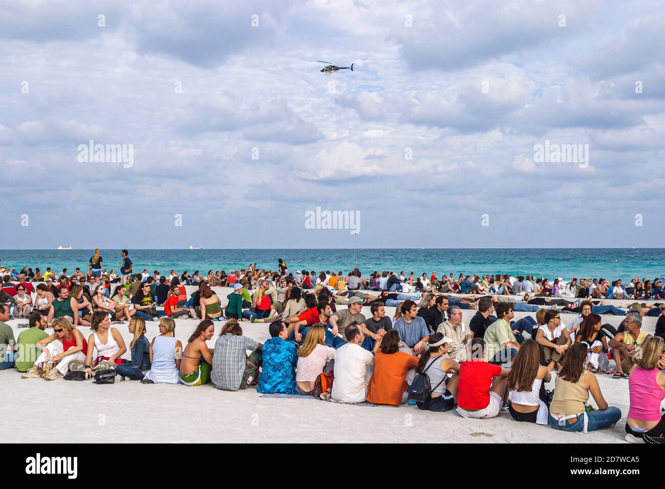 Miami Beach Florida,Atlantic Ocean shore,shoreline seashore Greenpeace protest people arranged Picasso's artwork aerial photo,volunteers helicopter, Stock Photo
