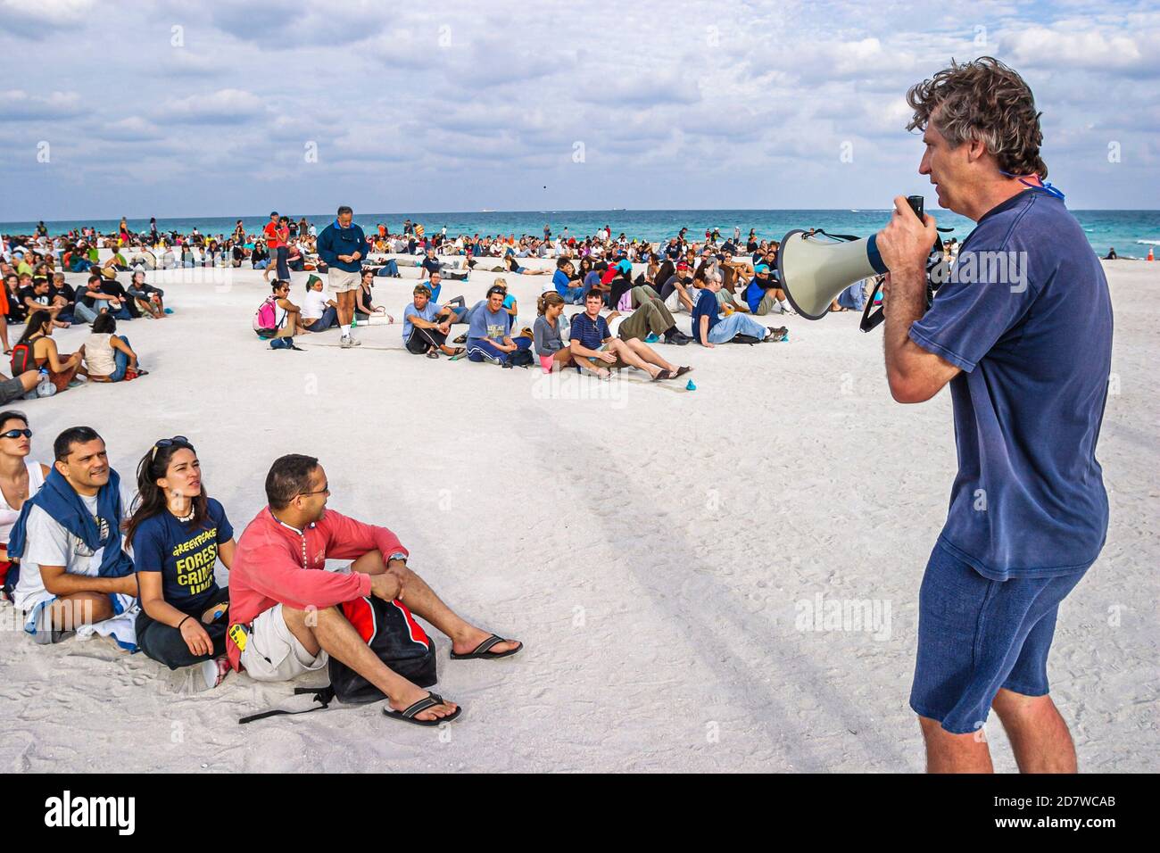 Miami Beach Florida,Atlantic Ocean shore,shoreline seashore Greenpeace protest people arranged Picasso's artwork aerial photo,volunteers director usin Stock Photo