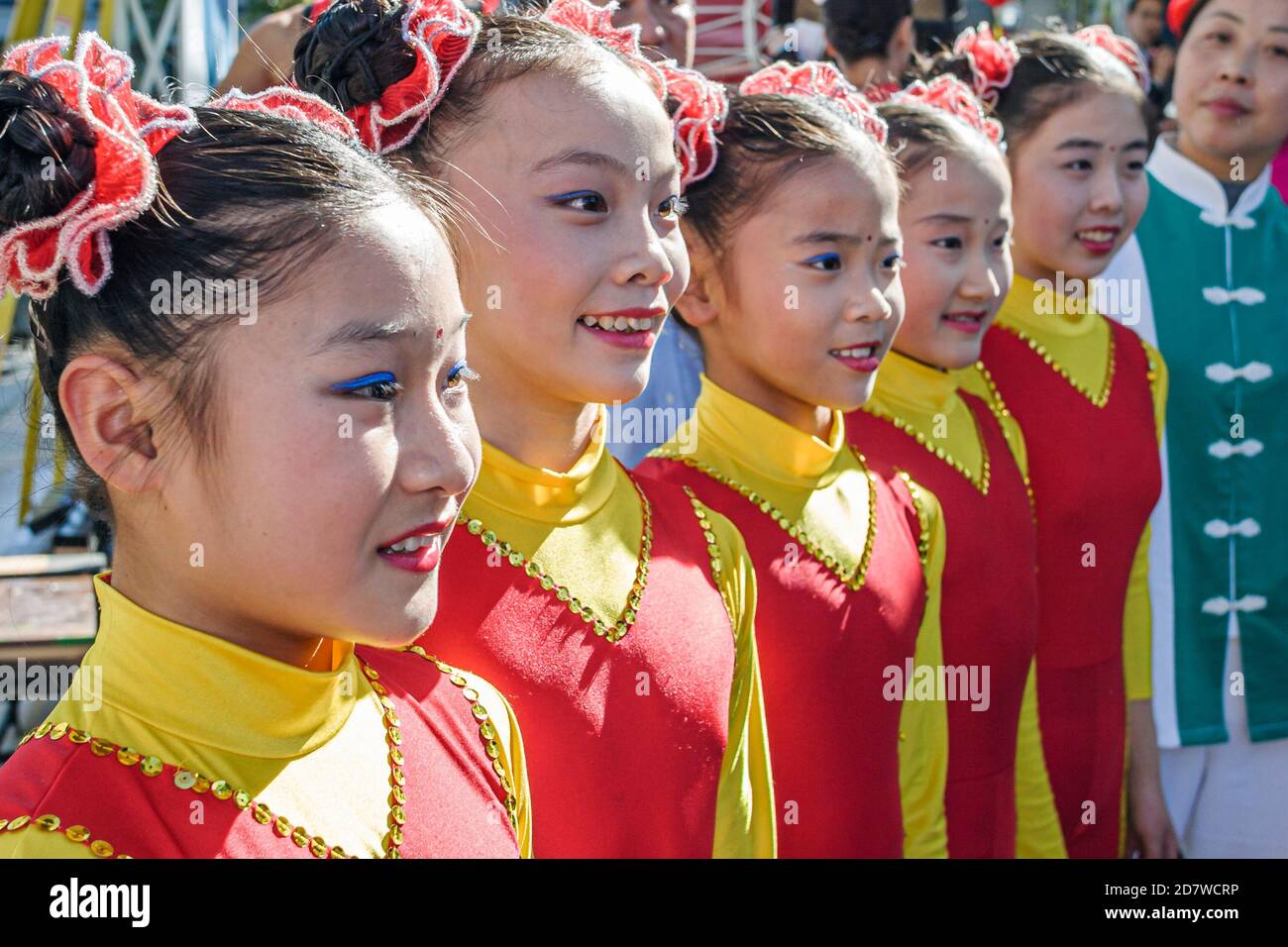 Florida Kendall Miami Dade College Chinese New Year Festival,performers Asian girl girls outfit costume costumes gymnasts acrobats, Stock Photo