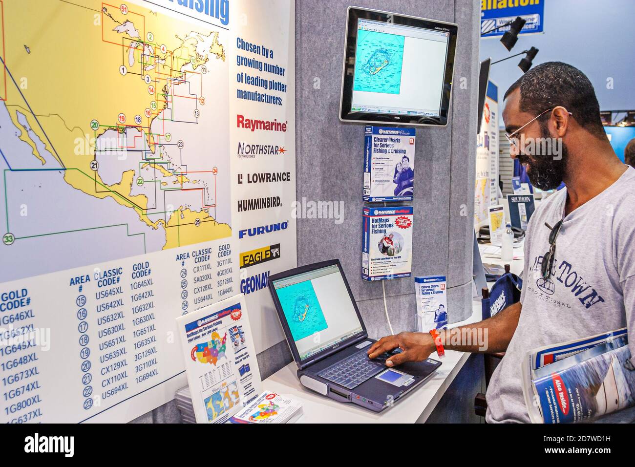 Florida,Miami Beach Convention Center,centre,International Boat Show multifunctional navigation products displays computer screens, Stock Photo