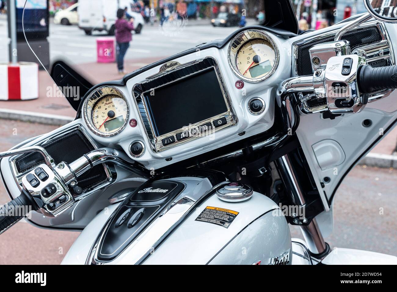 Hamburg, Germany - August 16, 2019: Dashboard and handlebar of the Indian Roadmaster motorcycle parked on a street in Hamburg, Germany Stock Photo