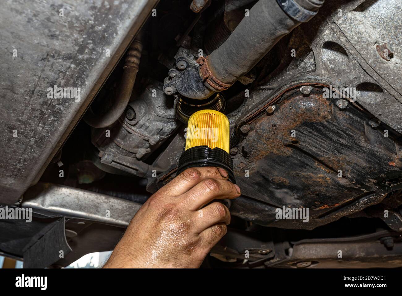 Car mechanic holding a new oil filter for a diesel engine in the