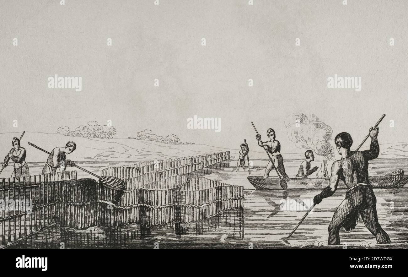 United States of America. 16th century French expedition. Florida. Seminoles Indians fishing. Jacques Le Moyne de Morgues (1533-1588) made the illustrations during the expedition. 19th century engraving by Vernier after the original of Jacques Le Moyne. Panorama Universal. History of the United States of America, from 1st edition of Jean B.G. Roux de Rochelle's Etats-Unis d'Amérique in 1837. Spanish edition, printed in Barcelona, 1850. Stock Photo
