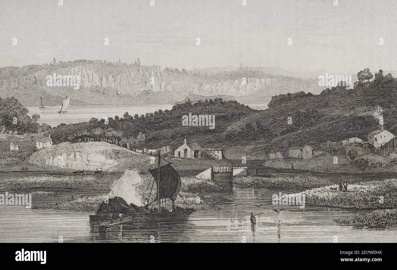 United States of America. Hudson River Palisades. Engraving by Milbert. Panorama Universal. History of the United States of America, from 1st edition of Jean B.G. Roux de Rochelle's Etats-Unis d'Amérique in 1837. Spanish edition, printed in Barcelona, 1850. Stock Photo
