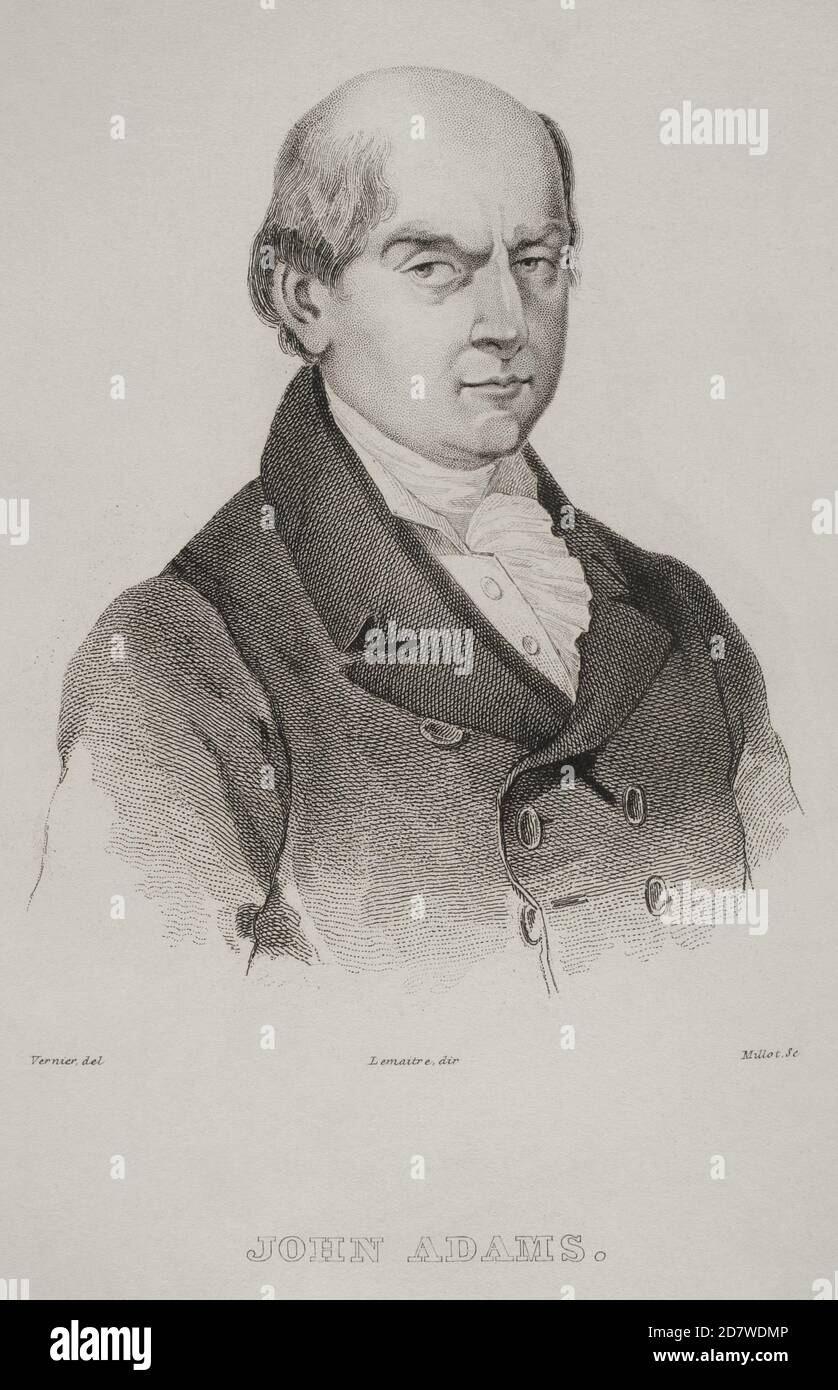 John Adams (1735-1826). American politician. Leader of the American Revolution. Second president of the United States of America (1797-1801). Portrait. Engraving by Vernier. Panorama Universal. History of the United States of America, from 1st edition of Jean B.G. Roux de Rochelle's Etats-Unis d'Amérique in 1837. Spanish edition, printed in Barcelona, 1850. Stock Photo