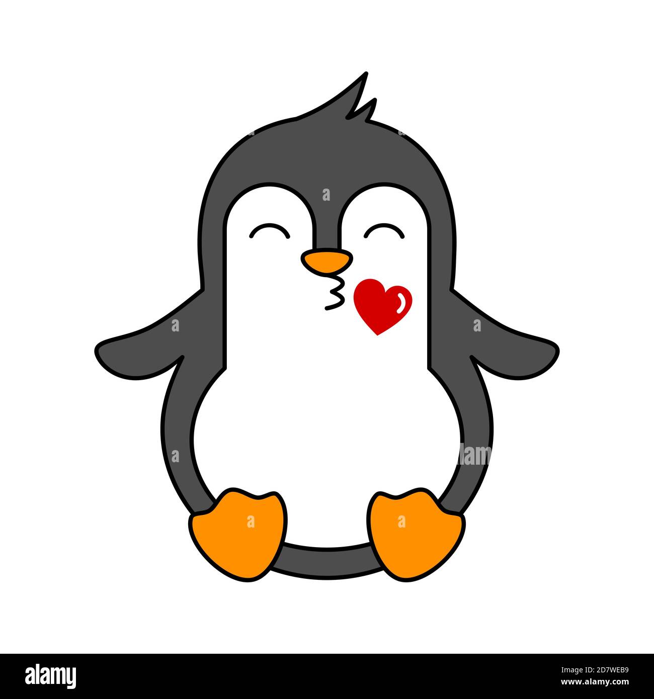 Penguin kiss emoji. Cute penguin sending kisses emoticon. Adorable animal character blow kiss with heart. Funny penguin in love. Vector drawing flat. Stock Vector