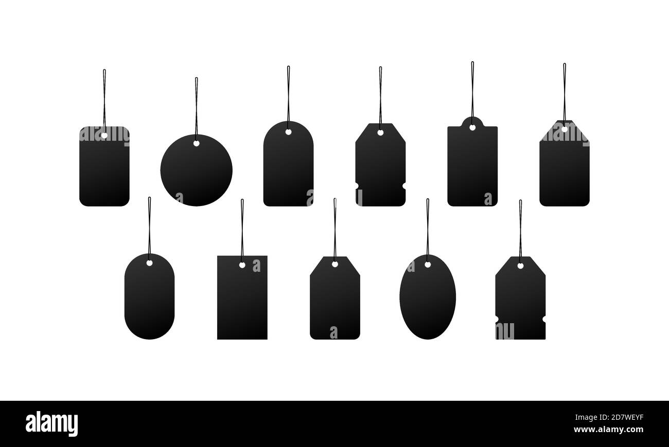 Set of blank black paper price tags. Label cardboard and black hanging