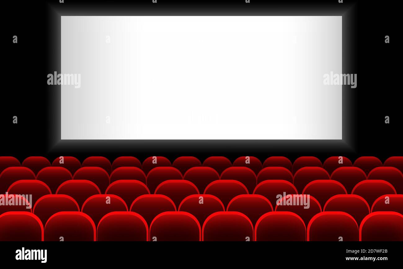 Cinema auditorium with screen and red seats. Vector on isolated white background. EPS 10 Stock Vector