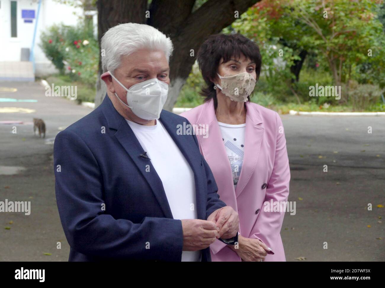 Non Exclusive: ODESA, UKRAINE - OCTOBER 25, 2020 - Candidate to the position of the Odesa city head Oleh Filimonov and his wife Larysa Filimonova are Stock Photo