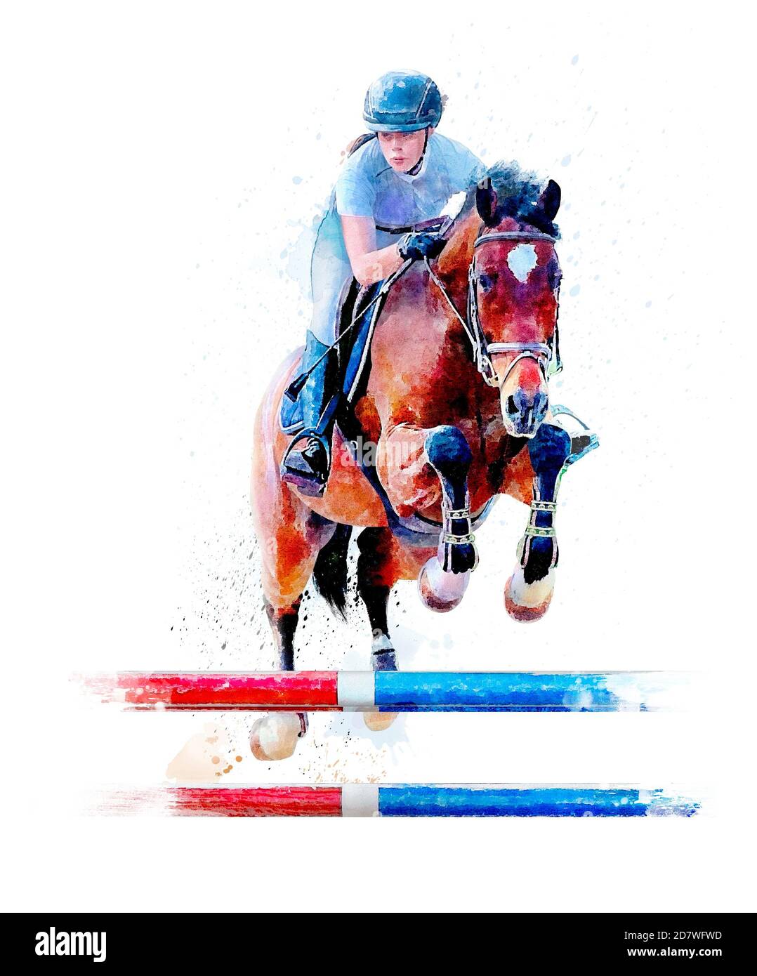 Young girl jumping obstacle with red horse. Horse Jumping, Equestrian