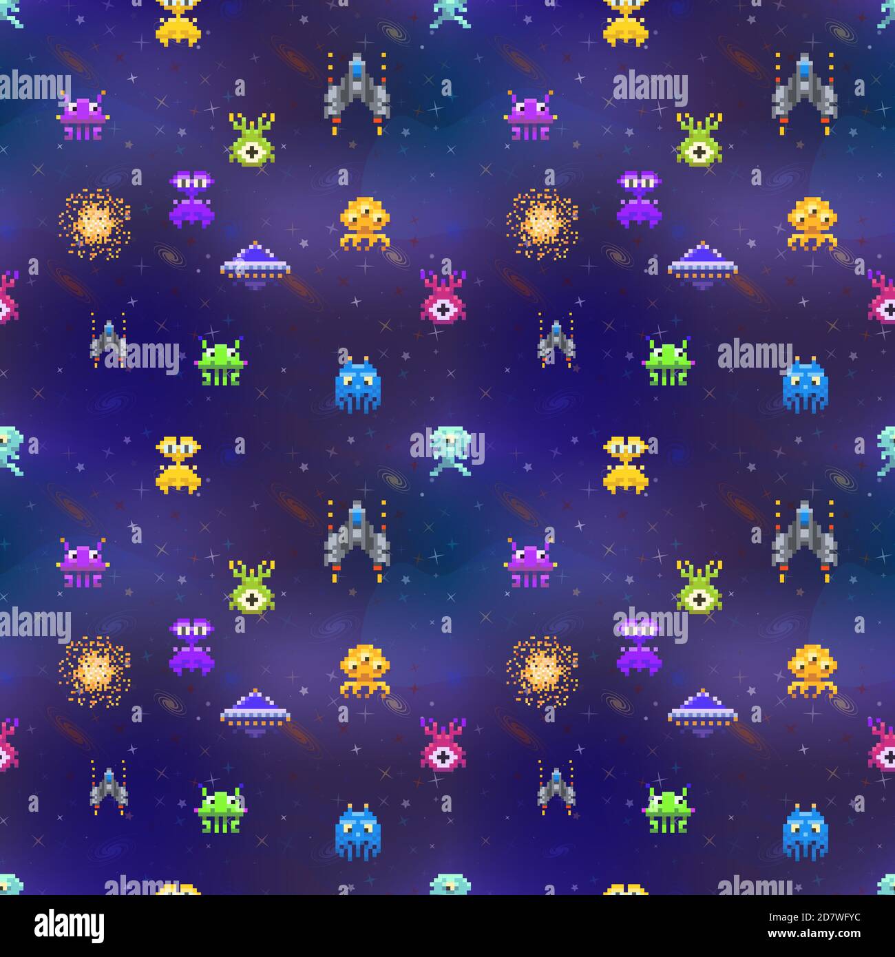 Cute space invaders in pixel art style on deep space background, seamless pattern Stock Vector