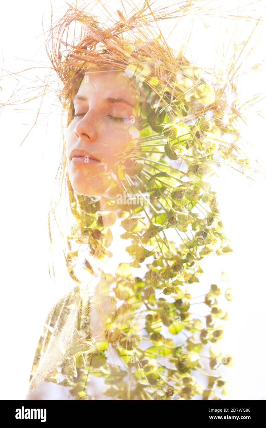 Young woman double exposure portrait with leaves Stock Photo - Alamy