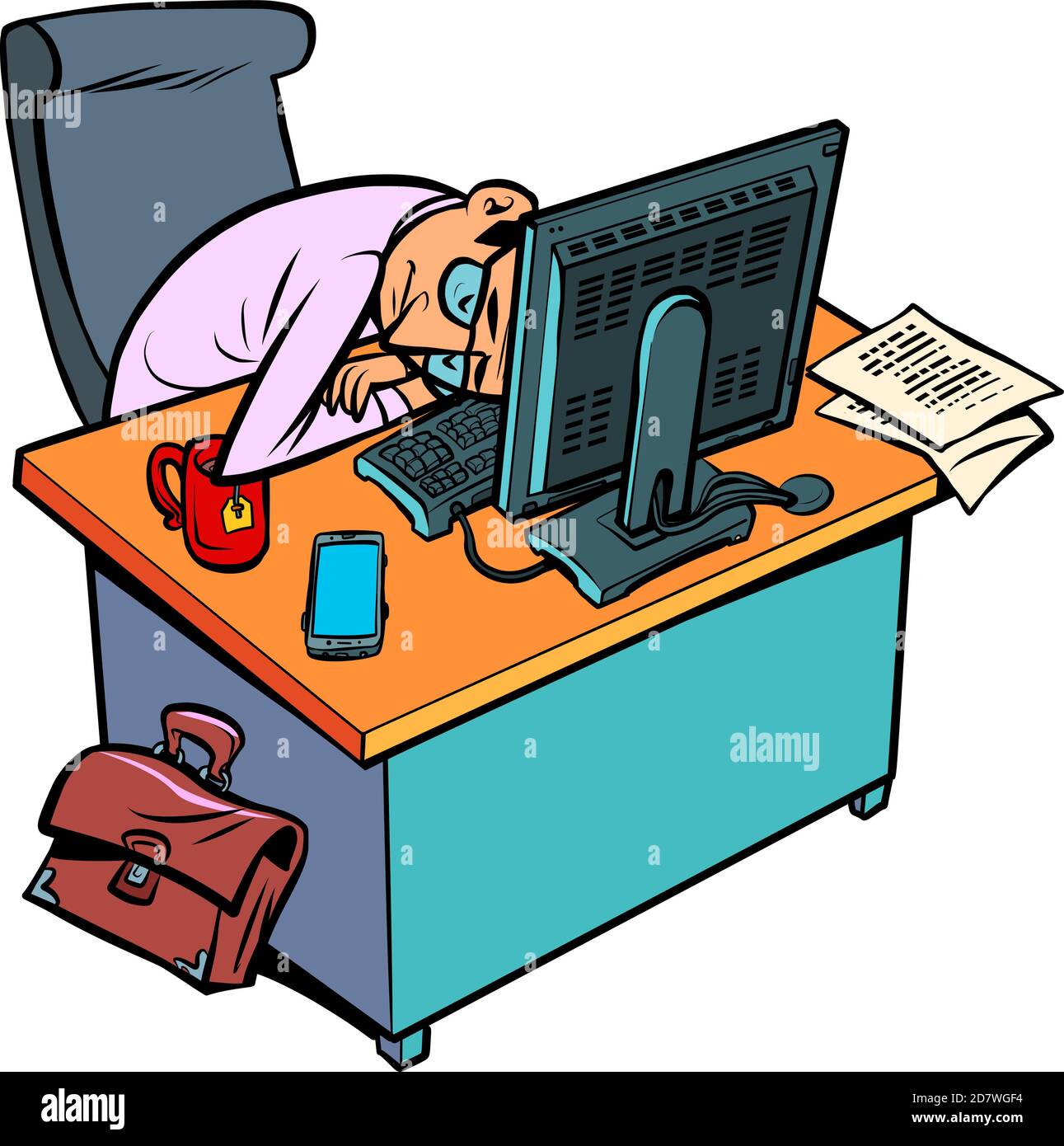 sleepy tired male businessman works at an office workplace at a computer Stock Vector